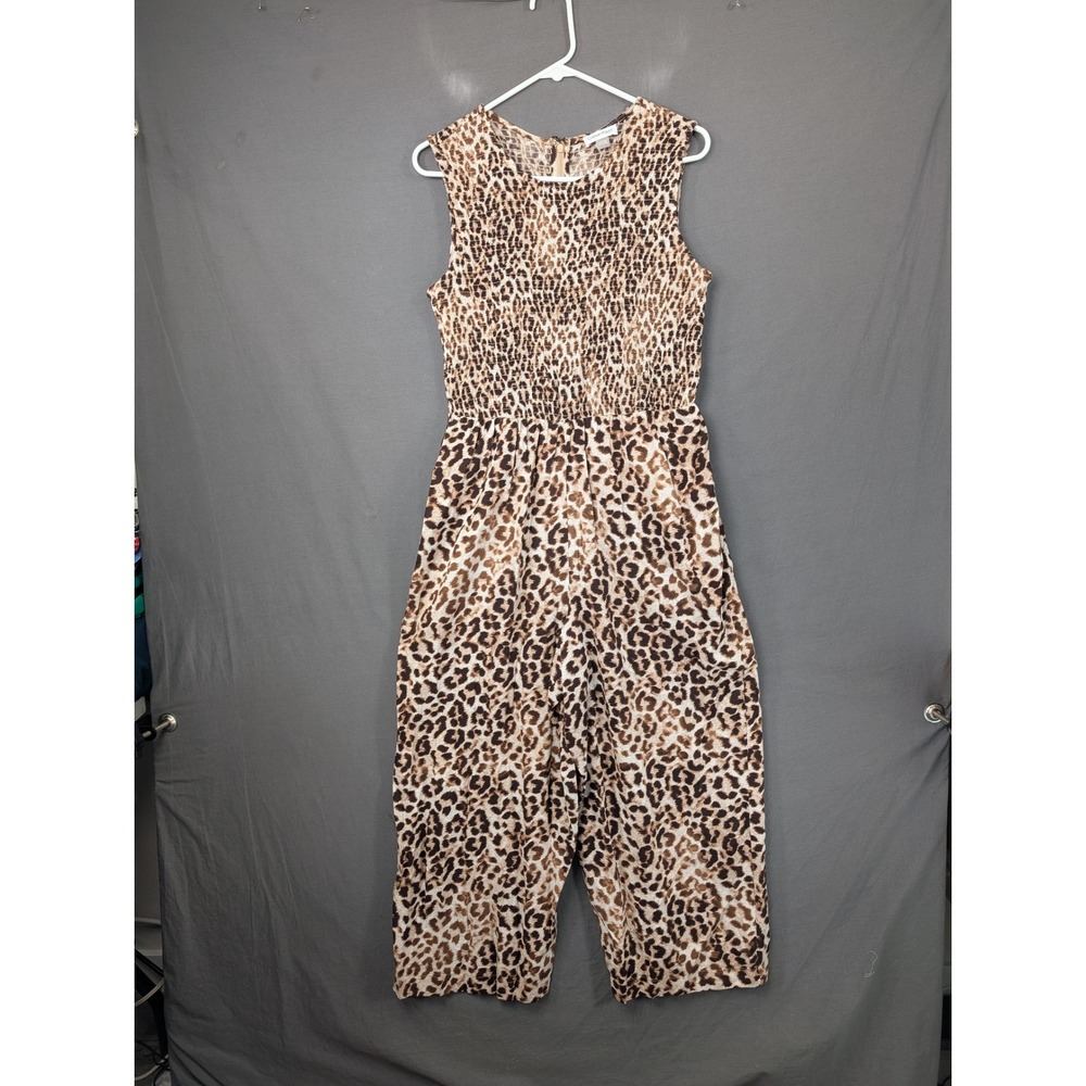 Calvin Klein Leopard Print Smocked Sleeveless Jumpsuit Brown Tan Size 6